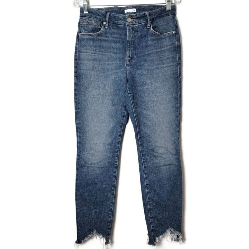Good American Womens Medium Wash Frayed Ankle Hem Crop Jeans Size 27